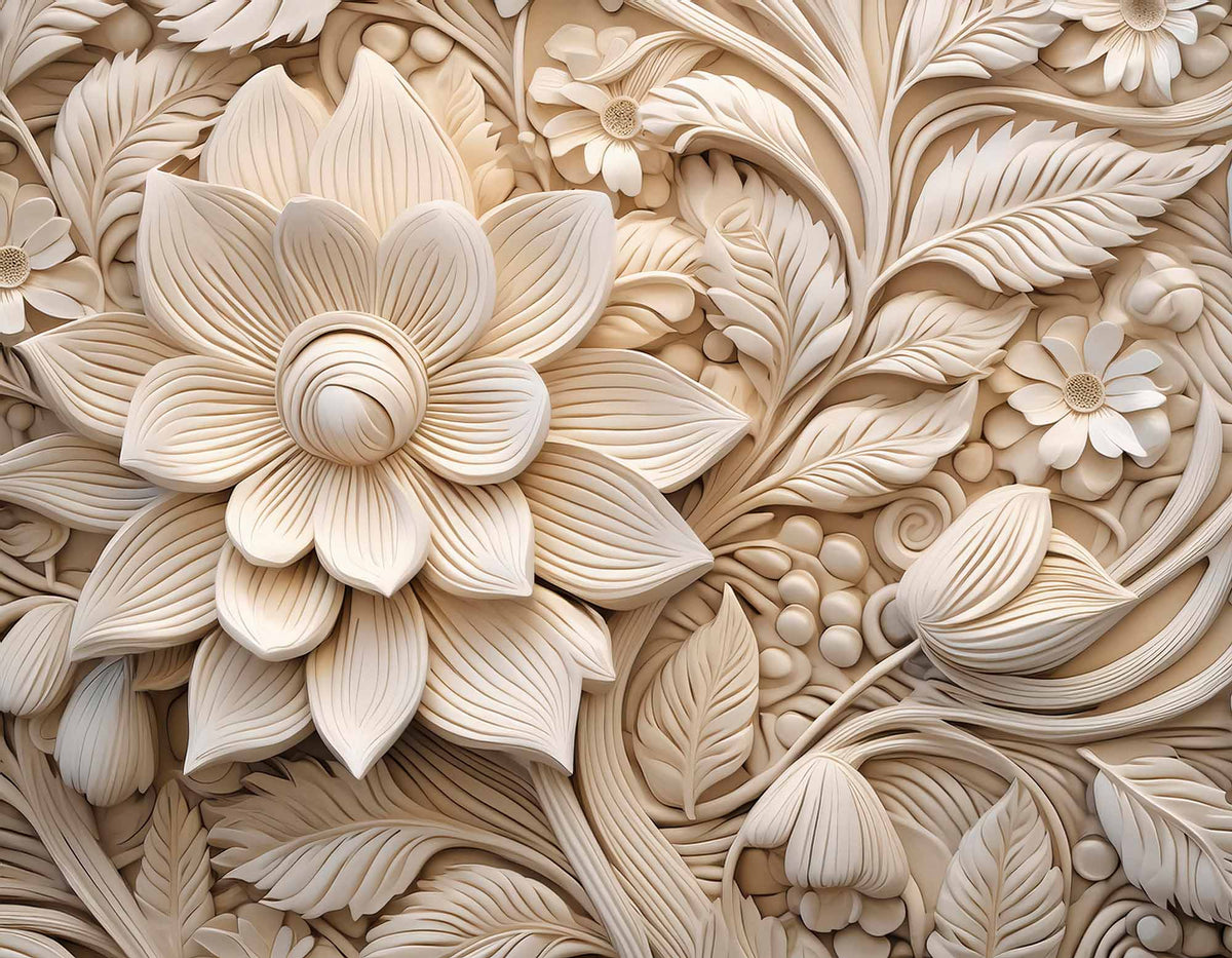 Fototapete Plastisches Blumenmotiv – Beige 3D-geschnitzte Lotusblüten