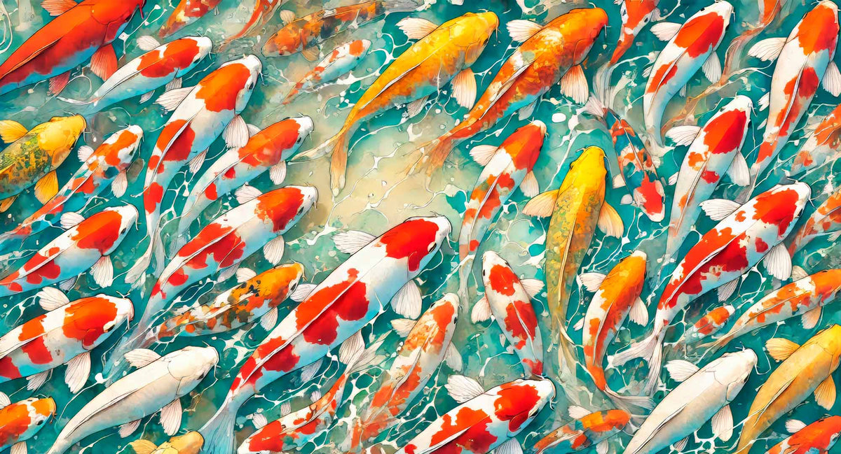 Papier peint carpes koi japonaises – Papier peint panoramique étang de koi coloré