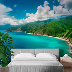 Custom Azure Waters and Lush Hills Wallpaper