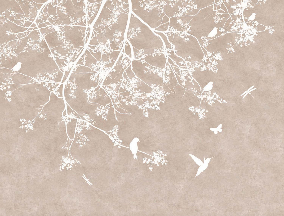 Tapete Weiße Äste und Vögel – Baum-Silhouette auf Beige, Wandbild