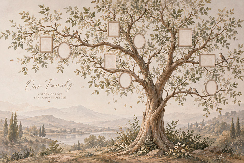 Papier peint arbre généalogique – Panoramique paysage avec olivier et cadres photo