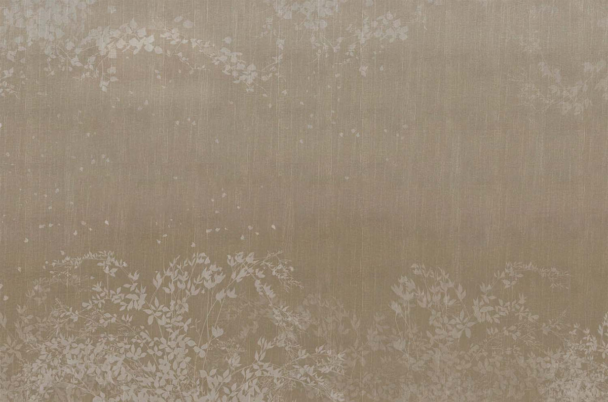 Taupe bloesemrand behang – subtiele bloemen op gestructureerd taupe fotobehang