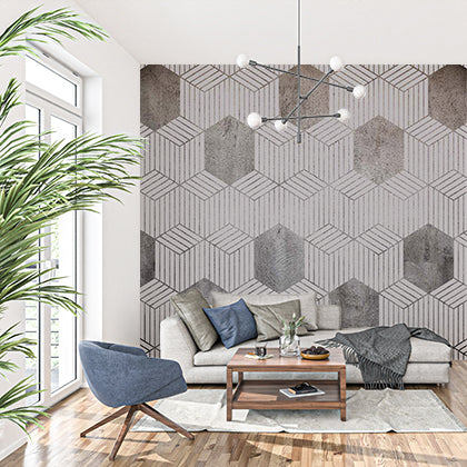 Modern Monochrome Hexagonal 3D Illusion Wall Mural Wallpaper - Grey and White Geometric Design