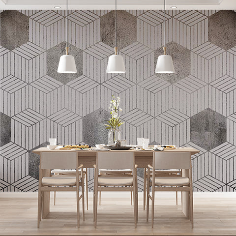 Modern Monochrome Hexagonal 3D Illusion Wall Mural Wallpaper - Grey and White Geometric Design