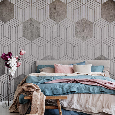 Modern Monochrome Hexagonal 3D Illusion Wall Mural Wallpaper - Grey and White Geometric Design