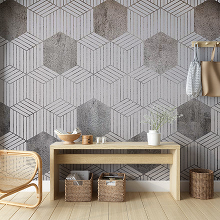 Custom Modern Monochrome Hexagonal 3D Illusion Wall Mural Wallpaper - Grey and White Geometric Design