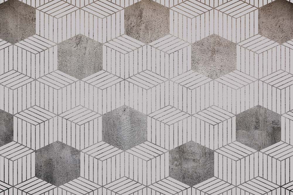 Fototapete Sechseck-3D-Illusion – Graues und weißes geometrisches Würfelmuster
