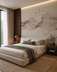 Abstract flowing lines with birds wallpaper in a designer bedroom.