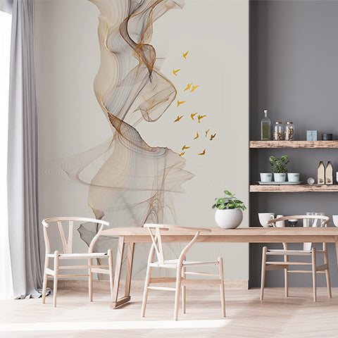 Elegant Flowing Lines and Birds Wall Mural Wallpaper - Modern Abstract Design