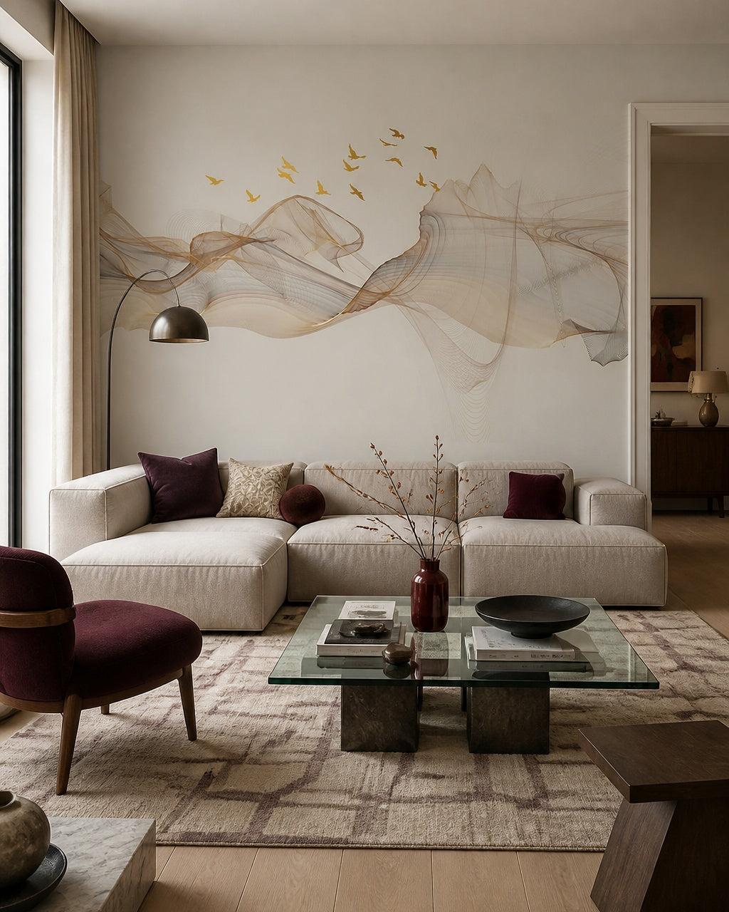 Abstract flowing lines with birds wallpaper in a designer living room.