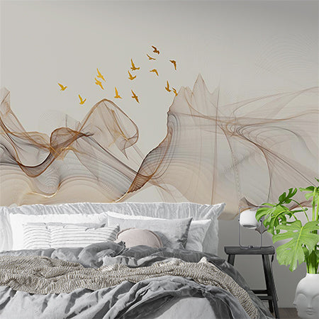 Elegant Flowing Lines and Birds Wall Mural Wallpaper - Modern Abstract Design