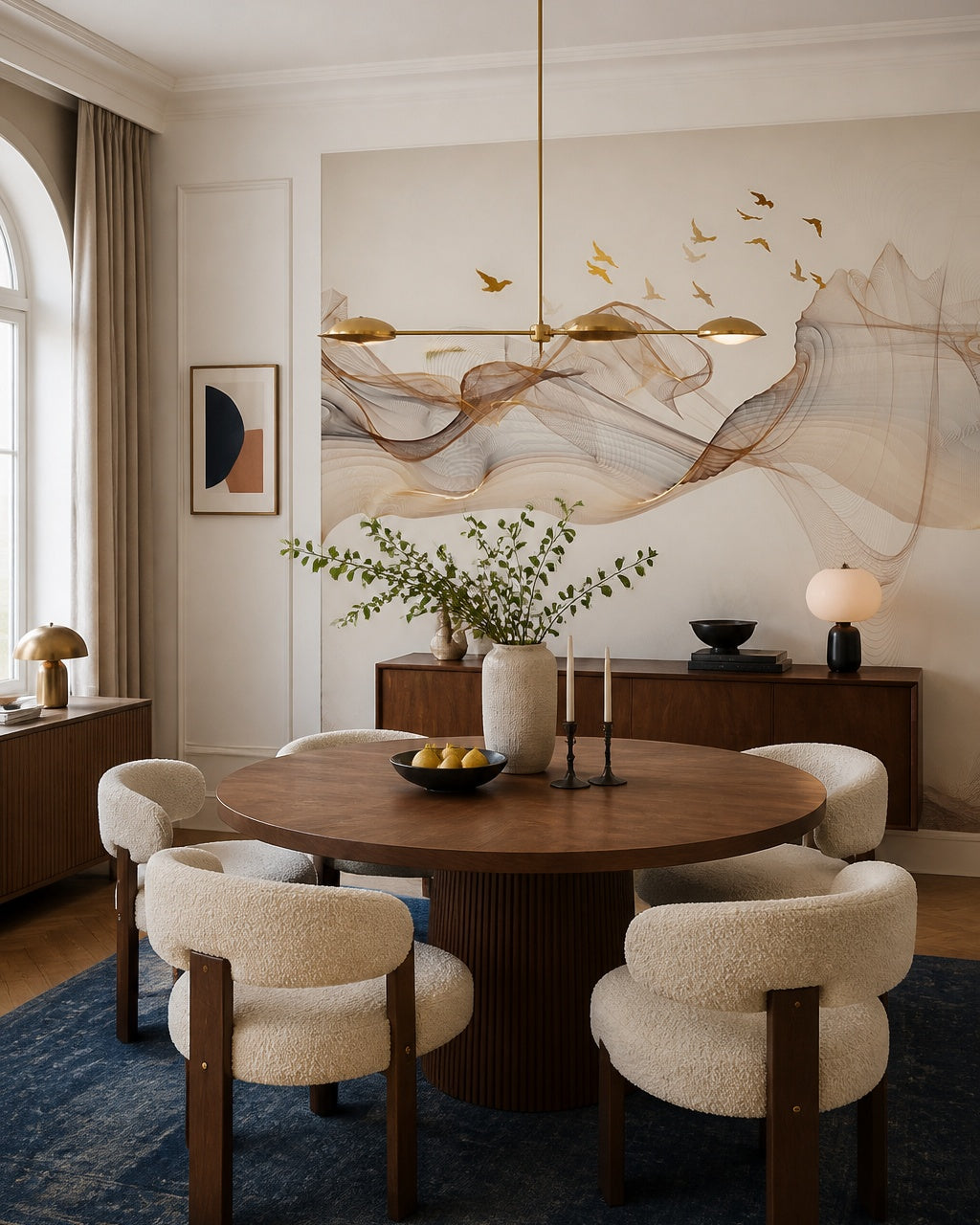 Abstract flowing lines with birds wallpaper in a refined dining area.
