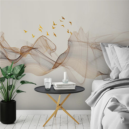 Custom Elegant Flowing Lines and Birds Wall Mural Wallpaper - Modern Abstract Design