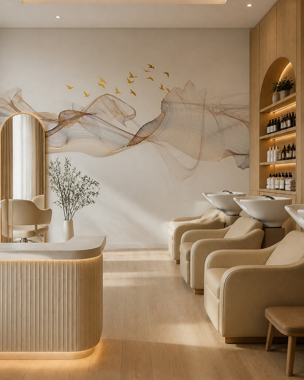 Abstract flowing lines with birds wallpaper in a beauty salon.