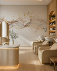 Abstract flowing lines with birds wallpaper in a beauty salon.
