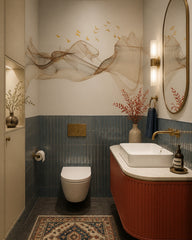 Abstract flowing lines with birds wallpaper in an elegant powder room.
