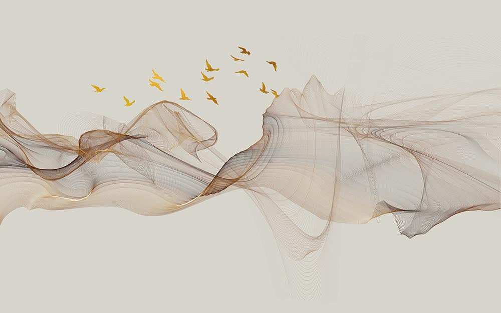 Papier peint lignes fluides abstraites et oiseaux – Papier peint panoramique moderne or et beige