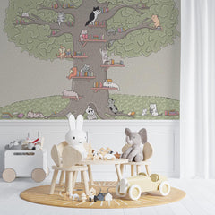 Custom Size Kids Wall Mural Tree of Life Cats Minimal Design