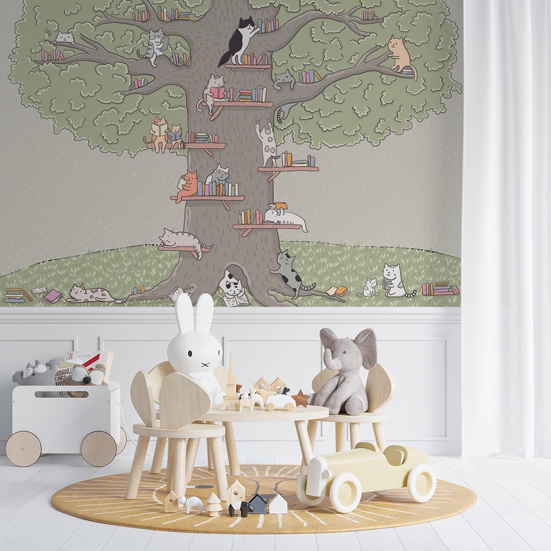 Kids Wall Mural Tree of Life Cats Minimal Design