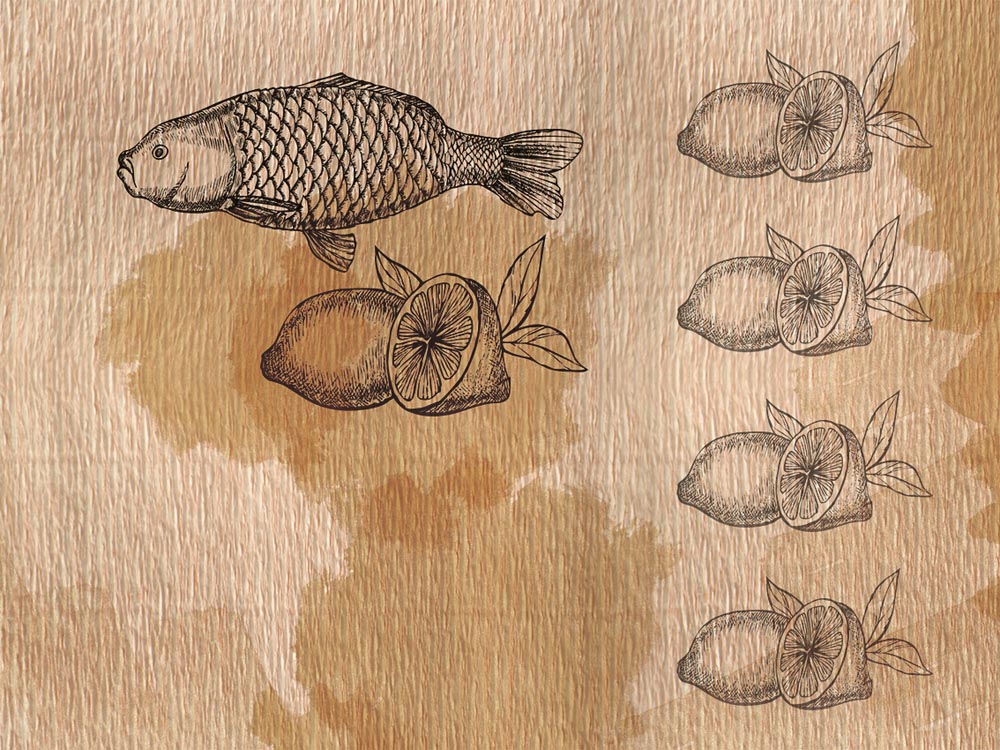 Fototapete Fisch und Zitronen – Vintage-Skizze auf Kraftpapier-Struktur