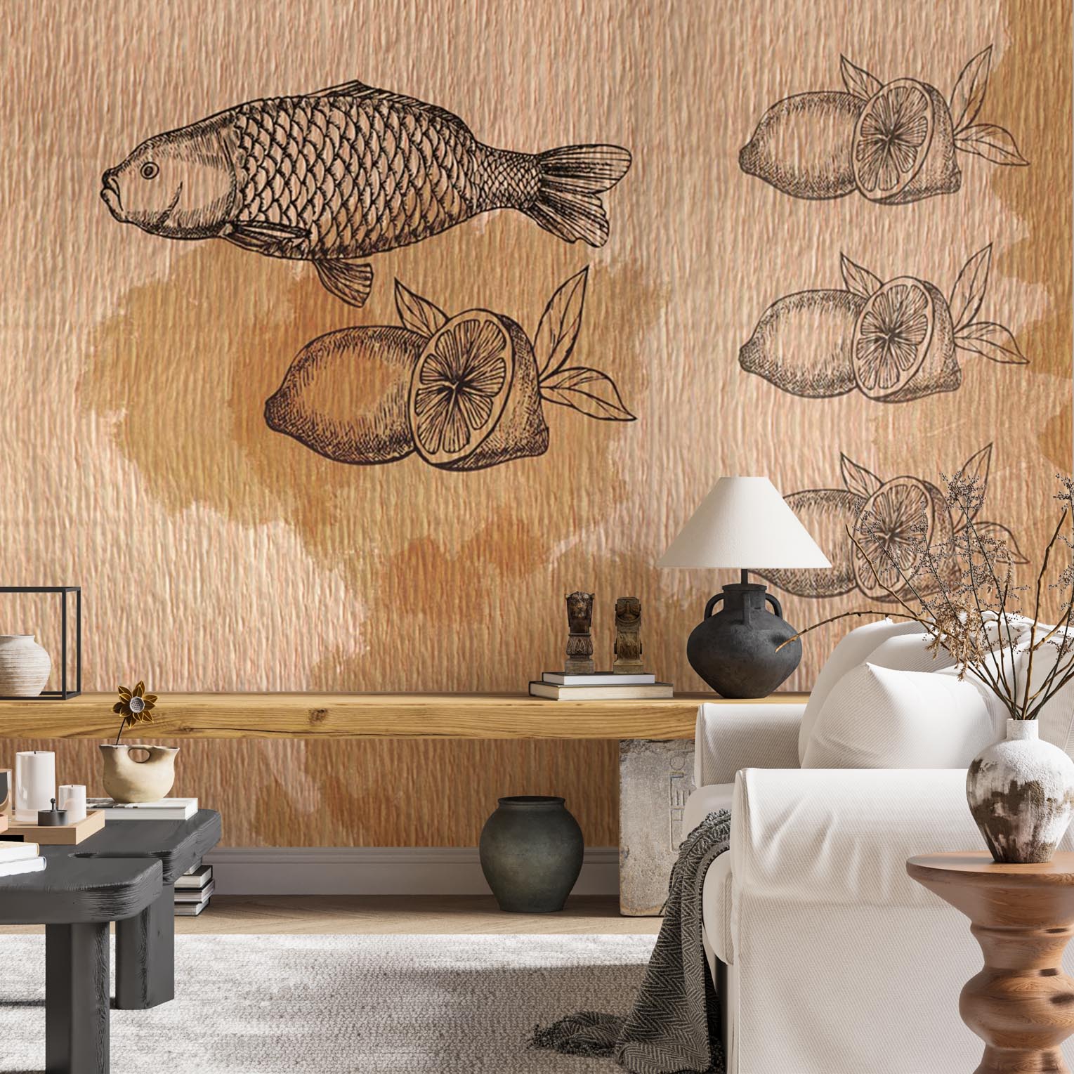 Fish Lemons Old Fashion Craft Paper Texture Wallpaper Animals Wall Mural