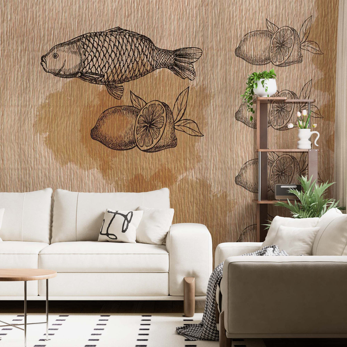 Custom Fish Lemons Old Fashion Craft Paper Texture Wallpaper Animals Wall Mural