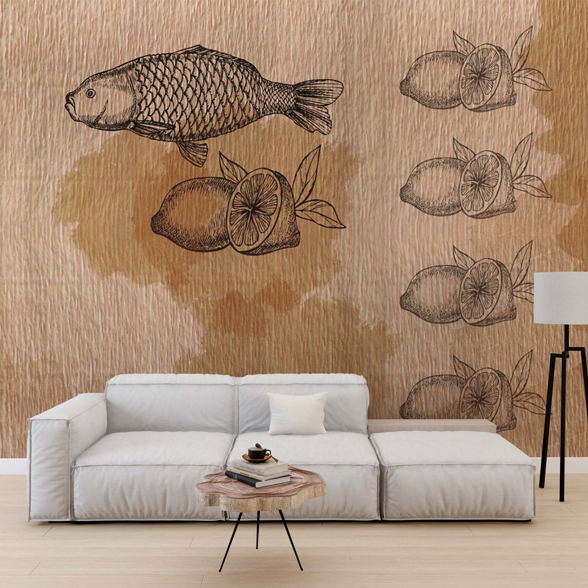 Fish Lemons Old Fashion Craft Paper Texture Wallpaper Animals Wall Mural