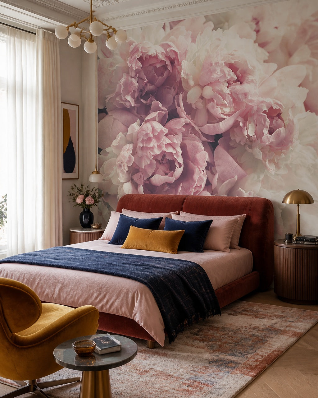Blush peony close-up wallpaper in a designer bedroom.