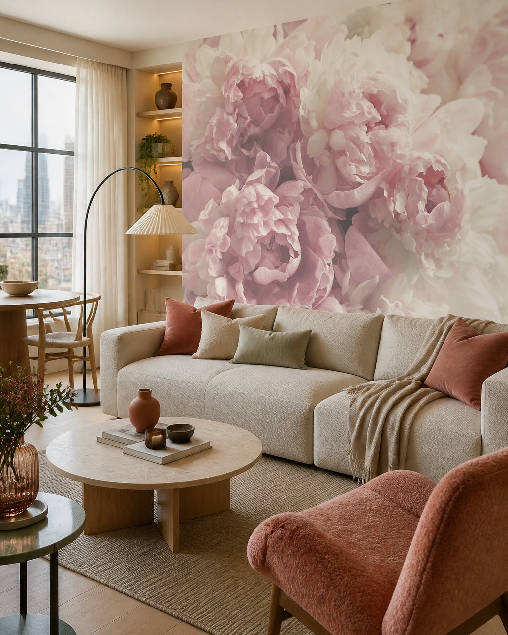 Blush peony close-up wallpaper in a designer living room.