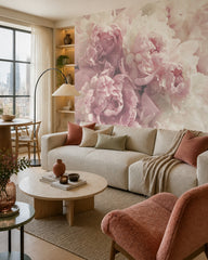 Blush peony close-up wallpaper in a designer living room.