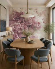 Blush peony close-up wallpaper in a refined dining area.
