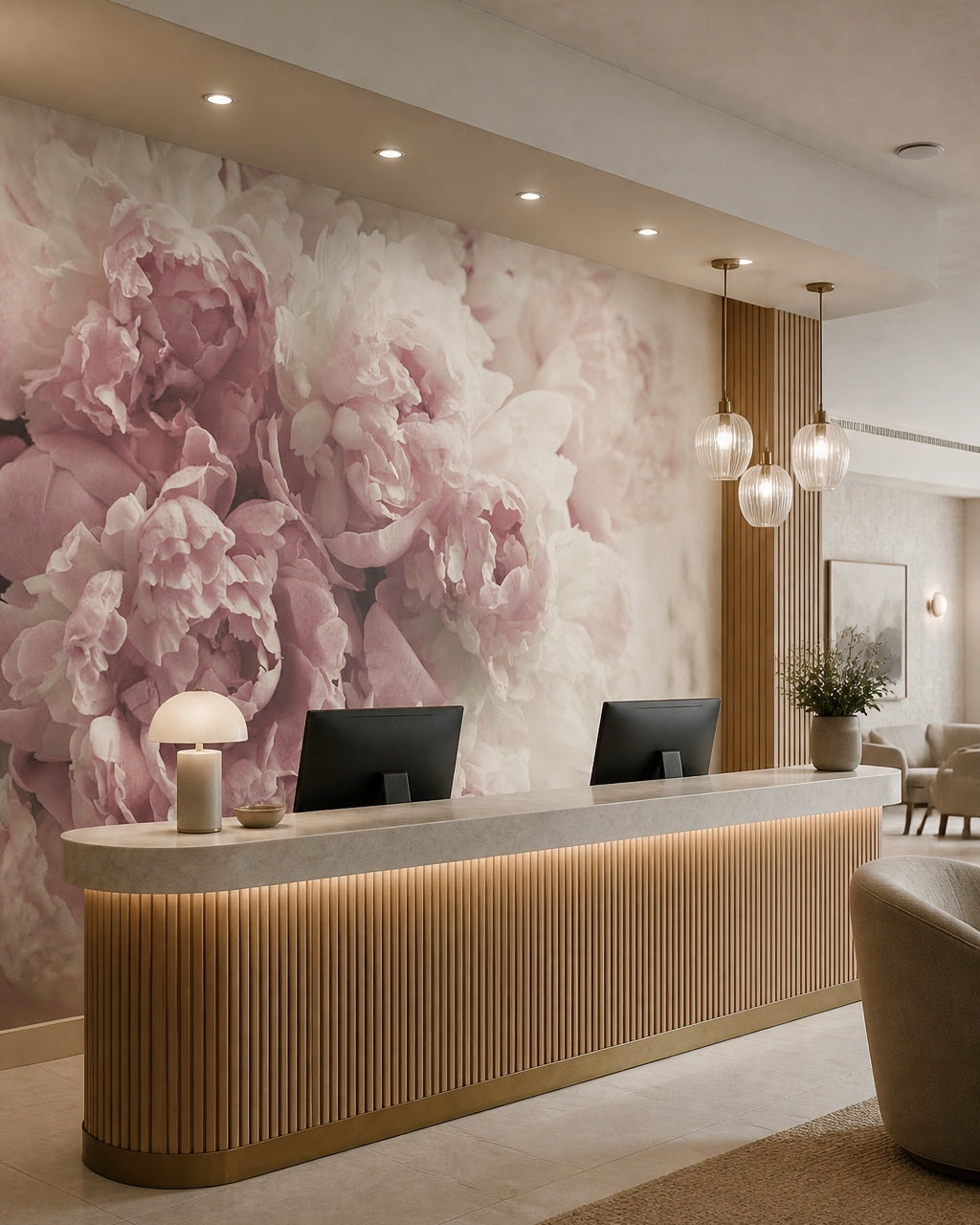 Blush peony close-up wallpaper at a hotel reception desk.