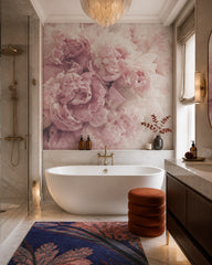 Blush peony close-up wallpaper in a luxury bathroom.