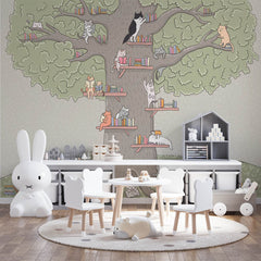 Custom Size Kids Wall Mural Tree of Life Cats Minimal Design