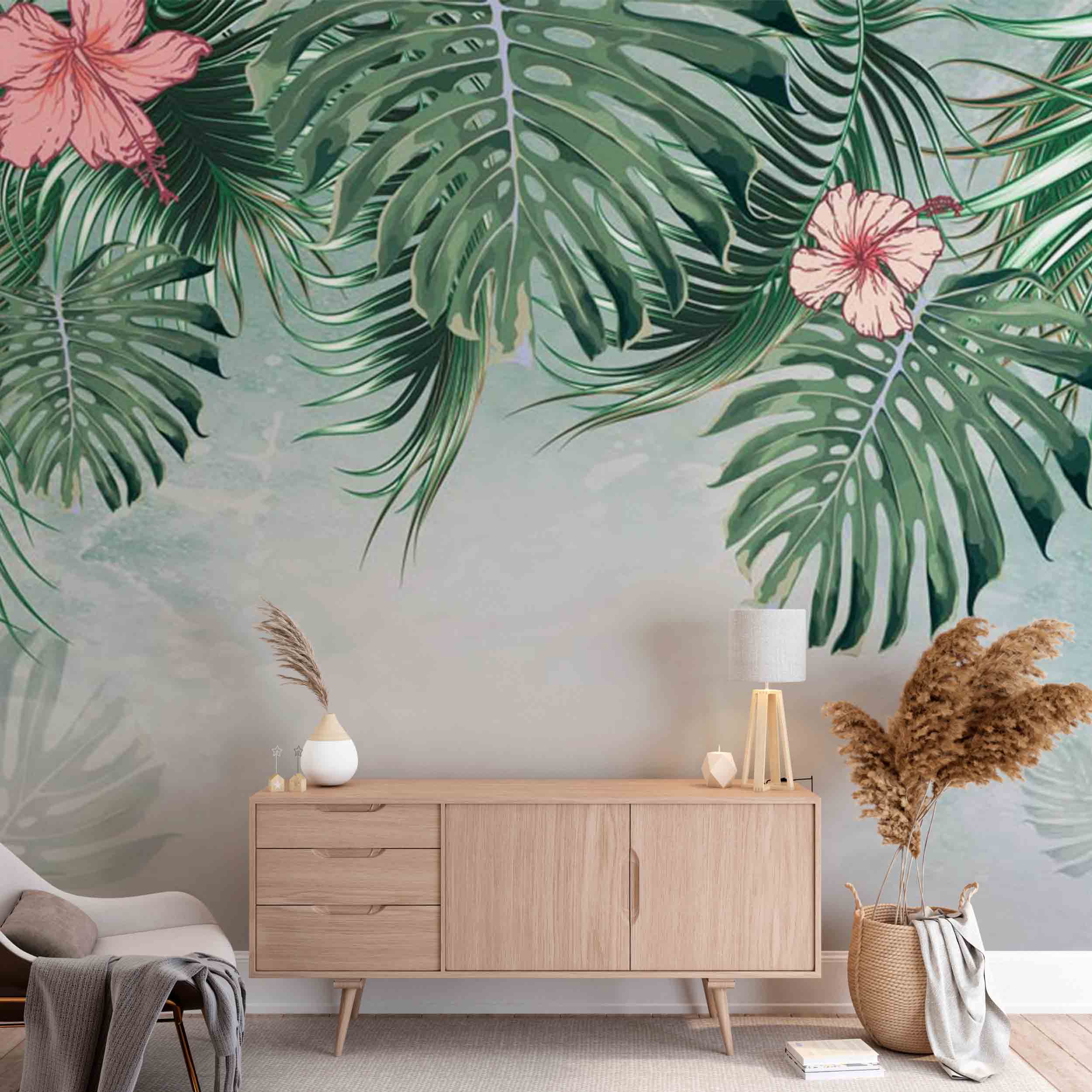 Orchid Flowers Tropical Forest Wallpaper Jungle Wall Mural Art Green Palm Leaves