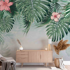 Custom Orchid Flowers Tropical Forest Wallpaper Jungle Wall Mural Art Green Palm Leaves