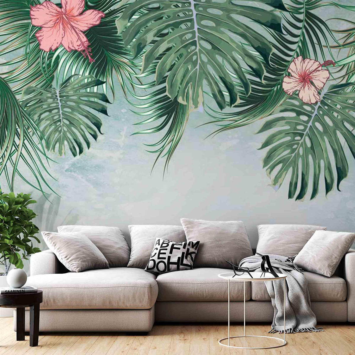 Kwiaty orchidei Las tropikalny Tapeta Dżungla Mural Art Zielone liście palmowe