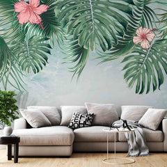 Custom Orchid Flowers Tropical Forest Wallpaper Jungle Wall Mural Art Green Palm Leaves