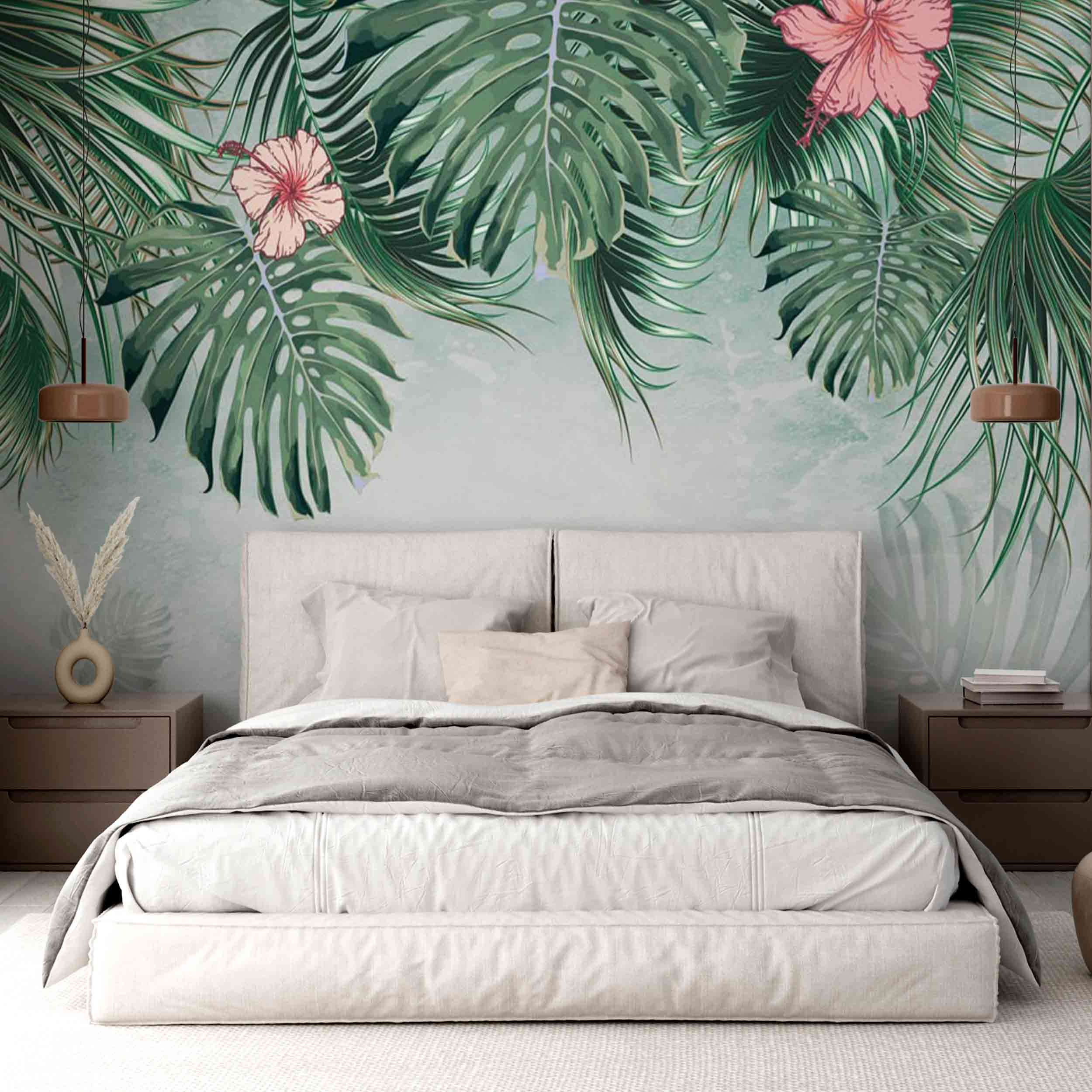 Orchid Flowers Tropical Forest Wallpaper Jungle Wall Mural Art Green Palm Leaves