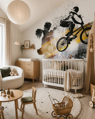 BMX freestyle wallpaper in a modern nursery with a crib.