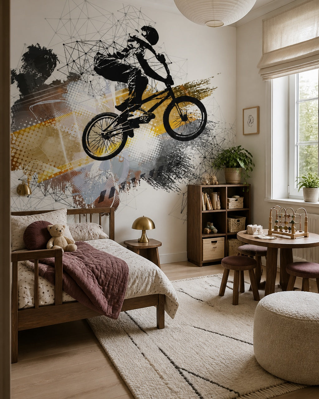 BMX freestyle wallpaper in a toddler bedroom with a child-sized bed.