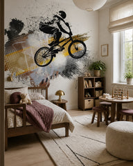 BMX freestyle wallpaper in a toddler bedroom with a child-sized bed.