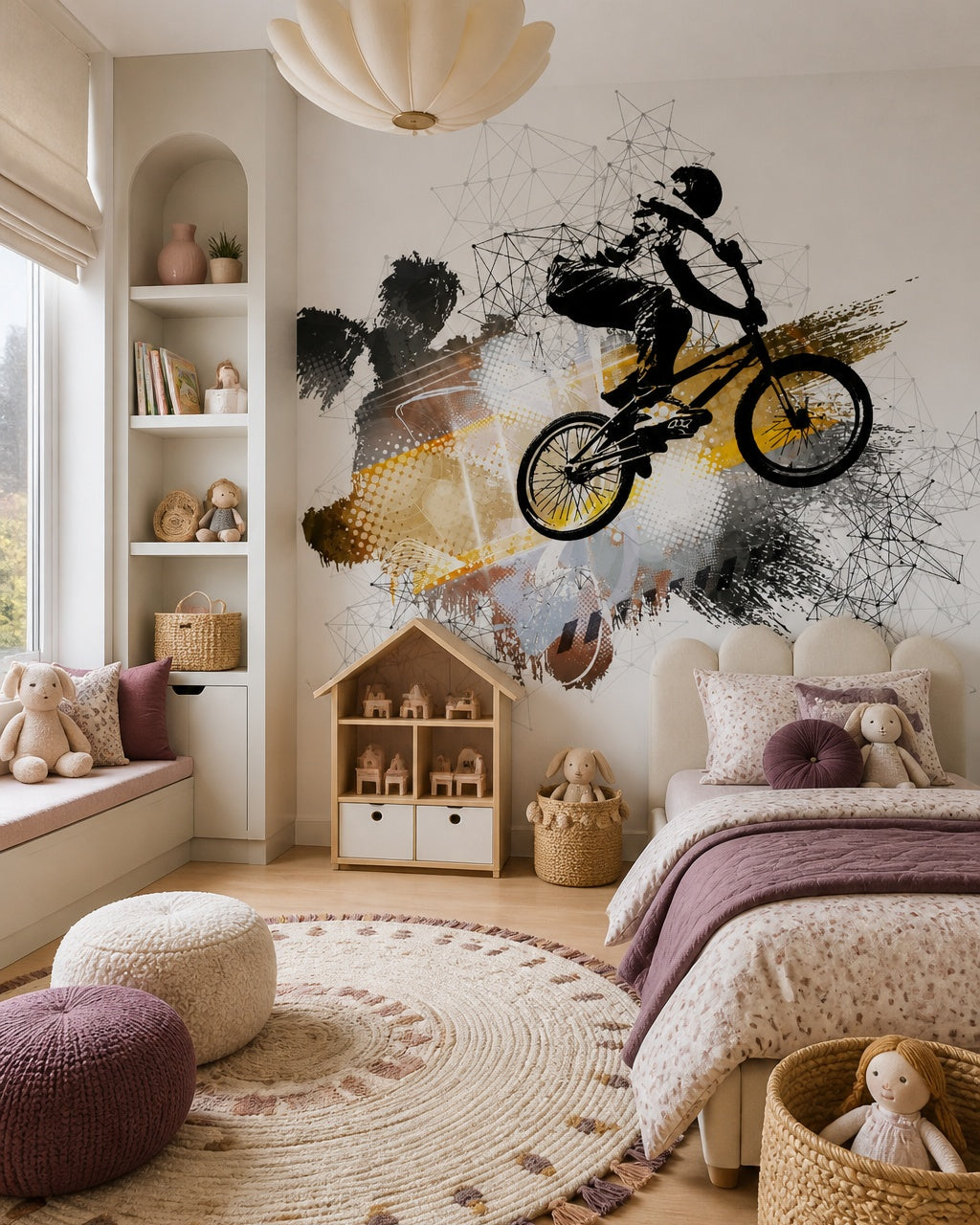 BMX freestyle wallpaper in a girl’s bedroom.
