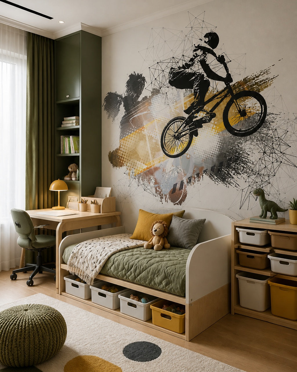 BMX freestyle wallpaper in a boy’s bedroom.