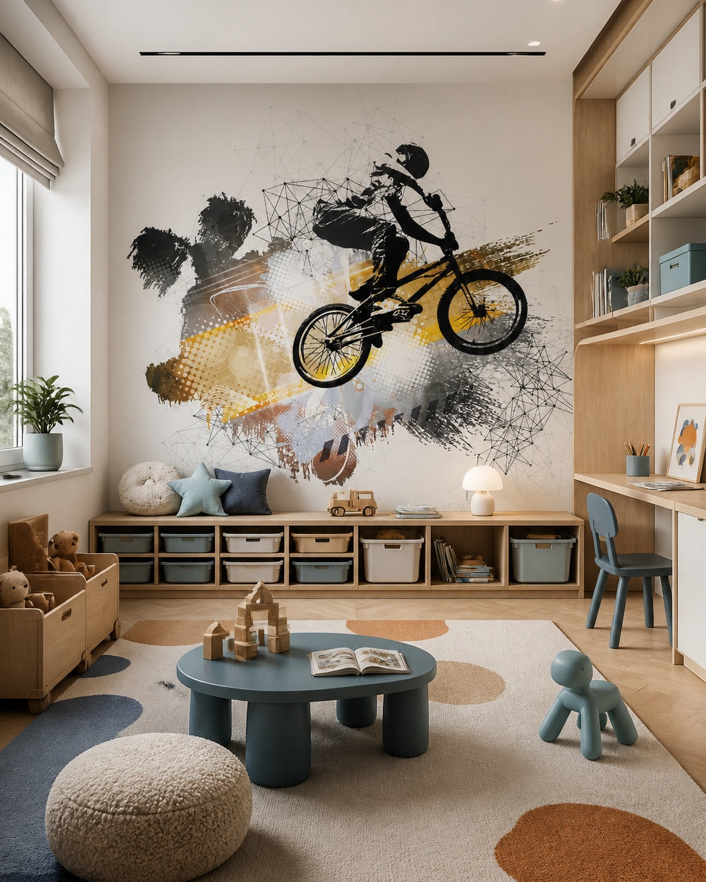 BMX freestyle wallpaper in a children’s playroom.