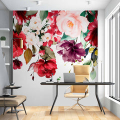 Custom Vibrant Floral Bouquet Wall Mural - Rich Red and Purple Flowers on White Background Wallpaper