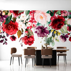 Custom Vibrant Floral Bouquet Wall Mural - Rich Red and Purple Flowers on White Background Wallpaper