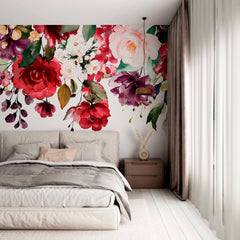 Custom Vibrant Floral Bouquet Wall Mural - Rich Red and Purple Flowers on White Background Wallpaper