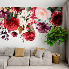 Custom Vibrant Floral Bouquet Wall Mural - Rich Red and Purple Flowers on White Background Wallpaper