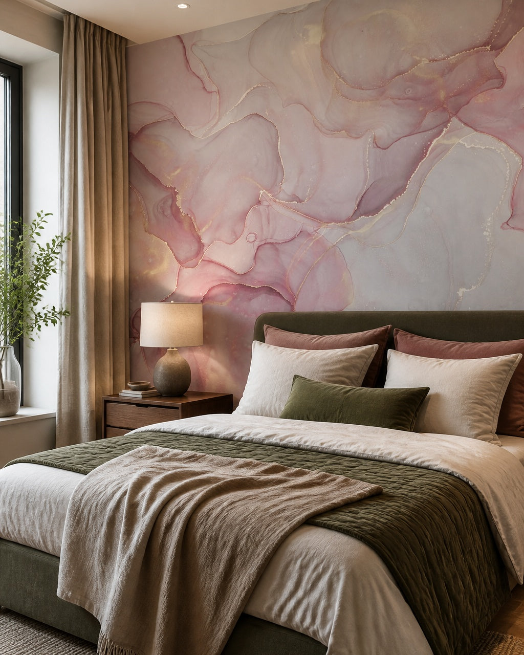 Pink alcohol ink wallpaper in a designer bedroom.